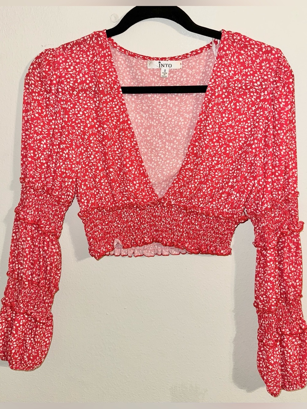 Red Floral Smocked V-Neck Crop Top